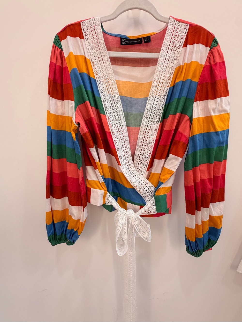 New York & Company Rainbow Striped Wrap Blouse with Lace Trim